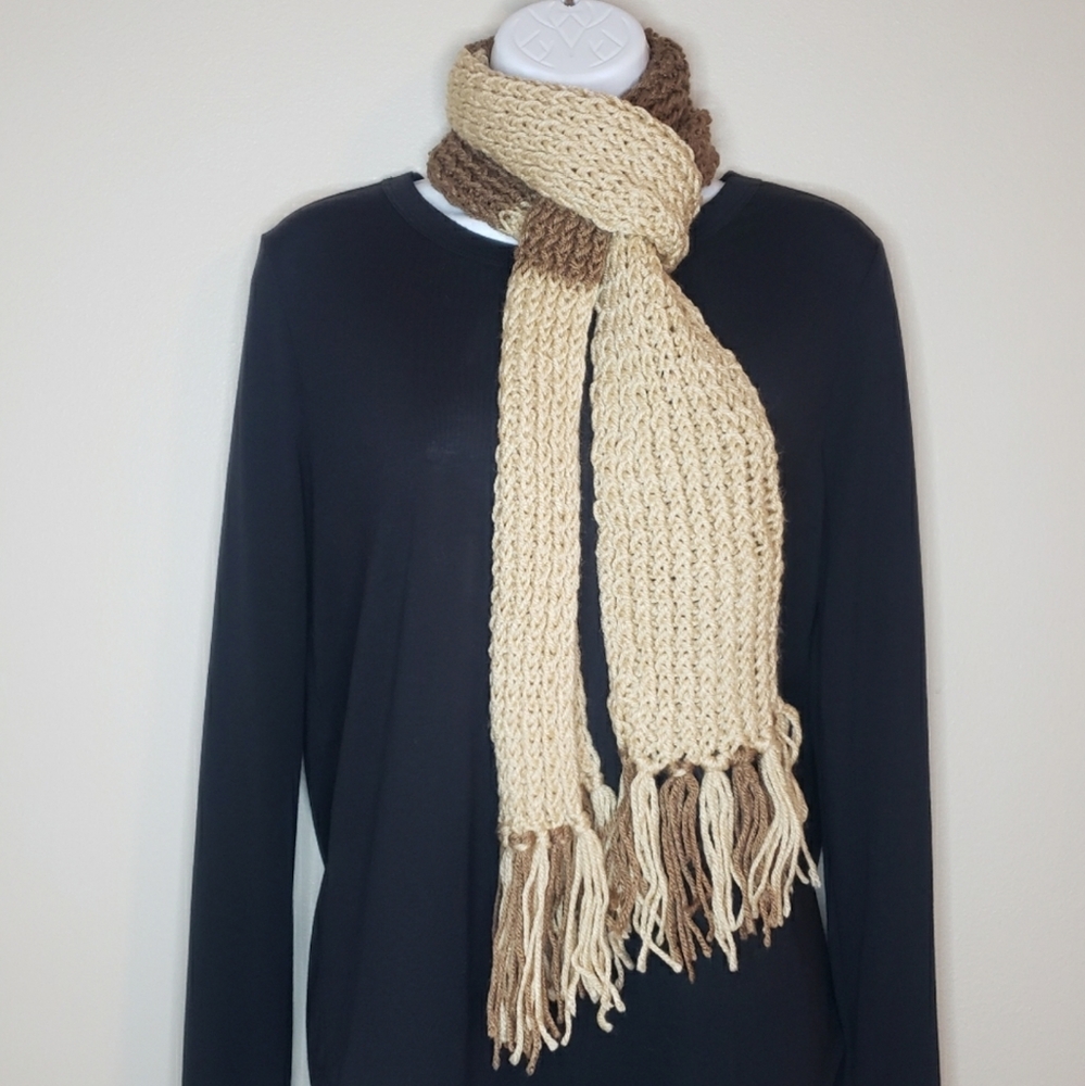 Brown & Ivory Handcrafted Crochet Scarf with Fringe Edges